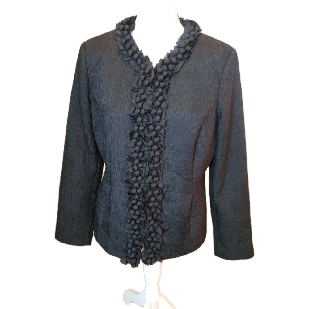 Chico's Black Jacket Blazer Size 1 Small‎ Popcorn Ruffled Trim Evening Cocktail